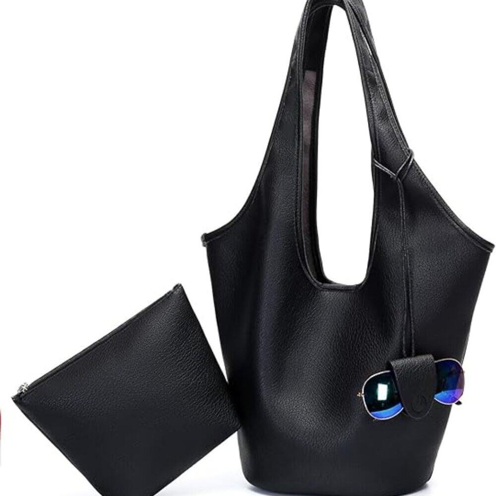Women Slouchy Hobo Bag 2PCS Black Vegan Leather Large Capacity Shoulder Tote Bag - Picture 8 of 8